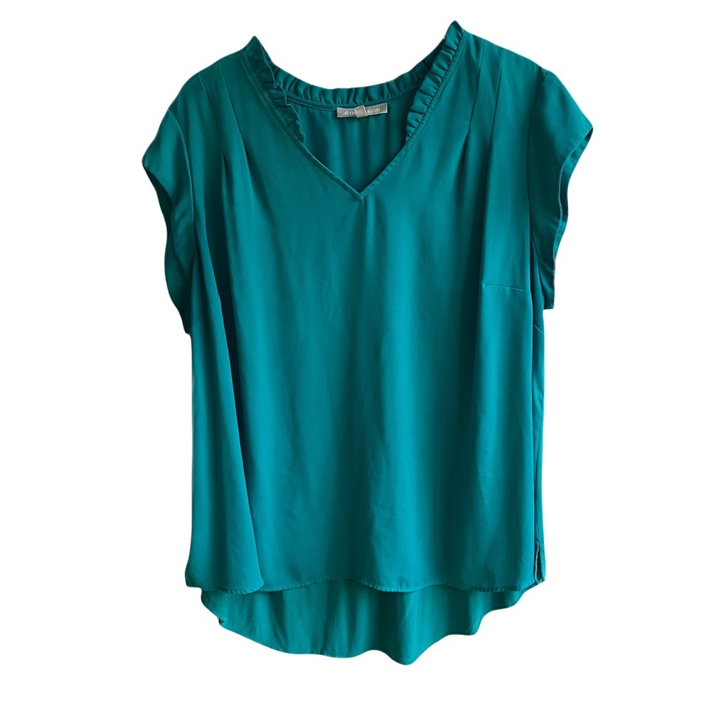 Daniel Rainn Ruffled Short Sleeve Blouse Size 3X Teal V-Neck Crepe Office Top - Picture 9 of 9